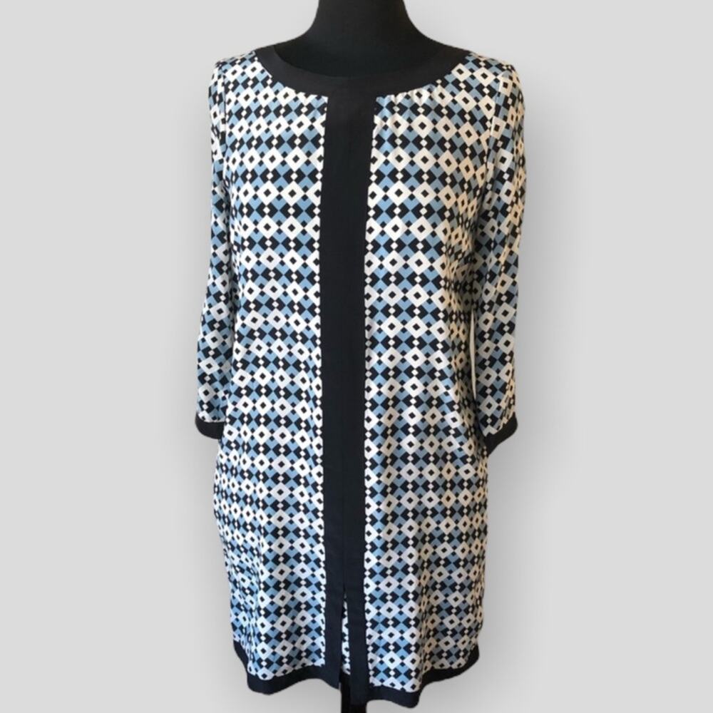 J Crew Womens 2 Silk Diamond Tile Shift Dress Blue White Cocktail Career 07928.